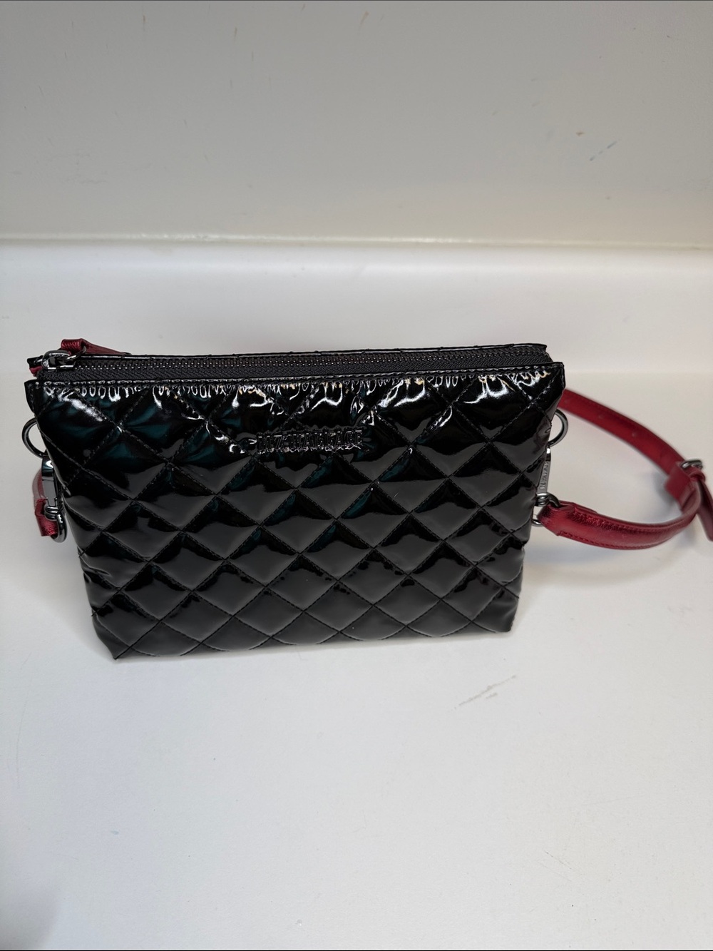 MZ Wallace Black Small Crosby Pippa Patent Crossbody with Red Metallic Strap